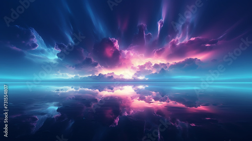 Abstract neon landscape, fantasy, cloud, neon reflection in water. Futuristic landscape, neon circle. Multicolored ultraviolet background.
