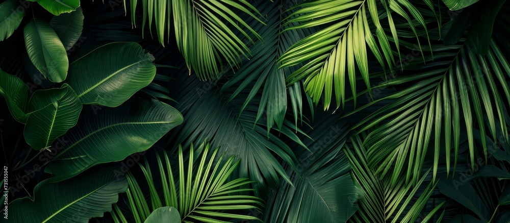 A detailed view of lush green tropical foliage in the darkness, showcasing various plant species like palms, grass, and jungle plants. A detailed view of lush green tropical foliage in the darkness, showcasing various plant species like palms, grass, and jungle plants.