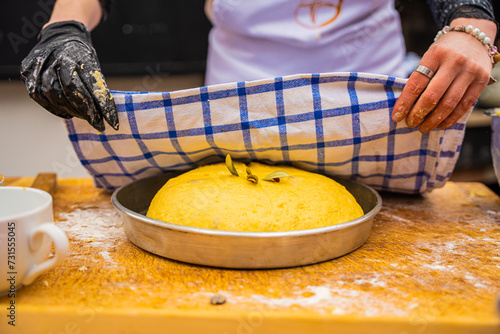 person mixing dough in a bowl photo