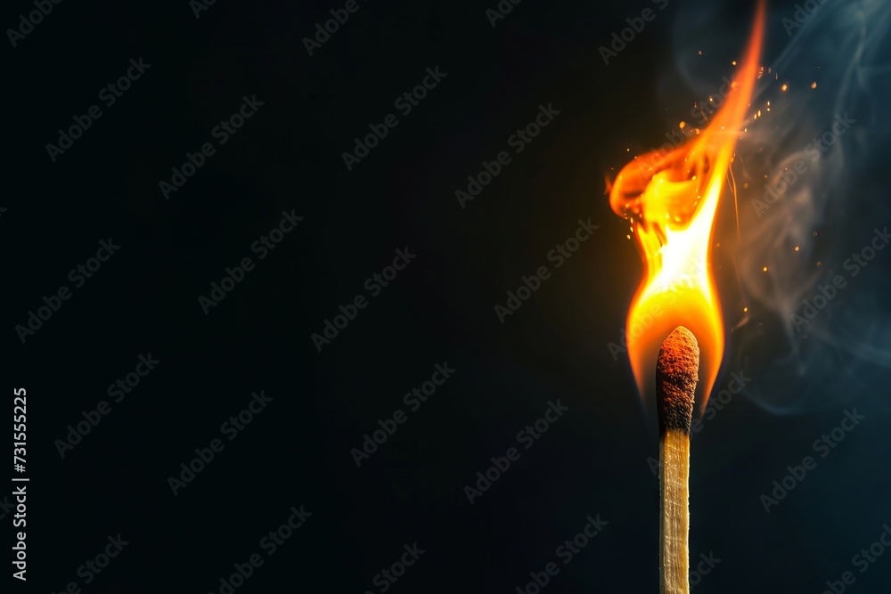 Burning match exploding on black background close up Burning match exploding on black background close up