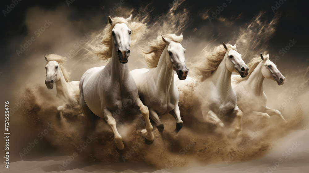 Galloping Herd of Mustang Horses Running Through Dust. Generative AI - obrazy, fototapety, plakaty 