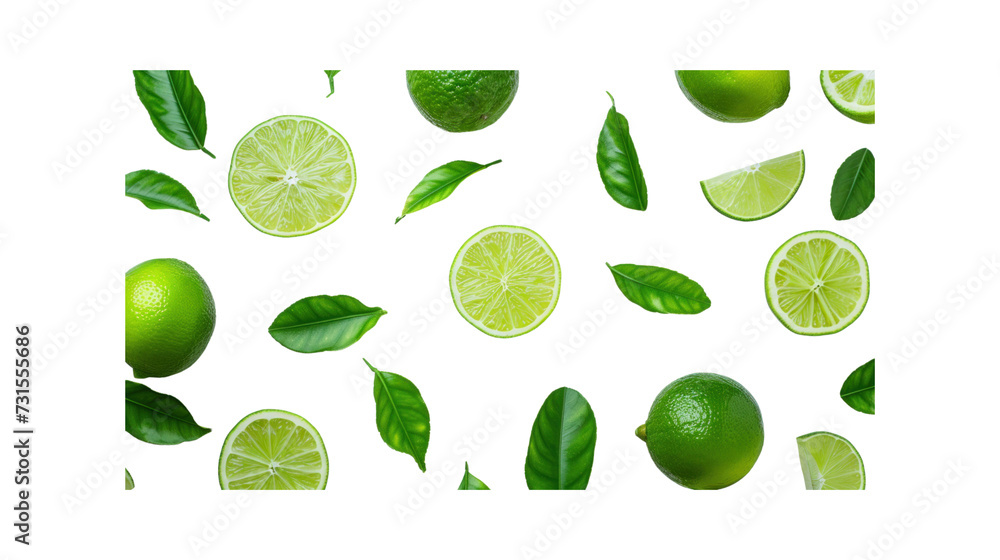 Lemon fruit with slices and green leaves isolated on white background. Top view. Flat lay. Lemon fruit with slices and green leaves isolated on white background. Top view. Flat lay.