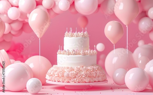 3d render cake of pink birthday  Valentine   s Day background with balloons and confetti.