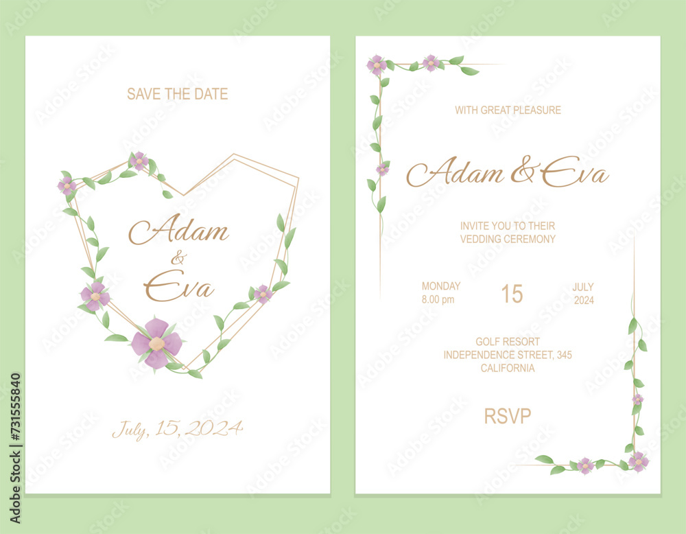 Invitation wedding, bridal card with text. Two pages. Vector watercolor blossom illustration.