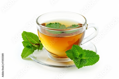 Isolated glass tea cup with mint leaves on white