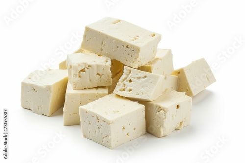 Tofu cheese isolated on white background with path and depth of field Set or collection
