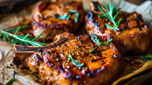 BBQ Pork Chops with rosemary close-up, angle view, ultra realistic food photography