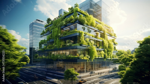 Sustainable green building. Eco - friendly building in modern city. Generative AI