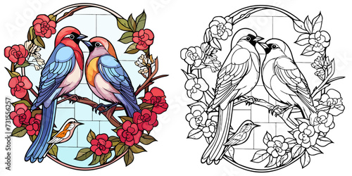 Beautiful Birds and Flowers with Presents Coloring Page Stained Glass Vector Art
