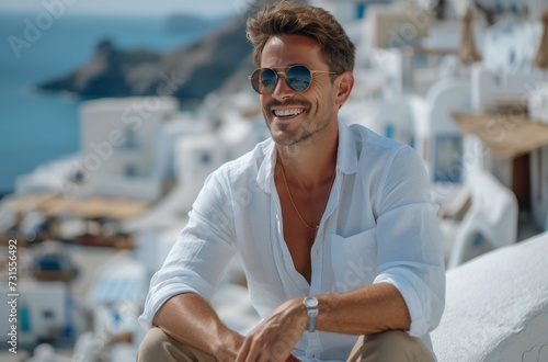 a smiling white man with sunglasses sitting on a ledge