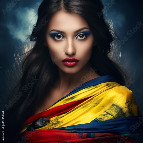 portrait of a beautiful woman with typical costume of colombian flag colors 