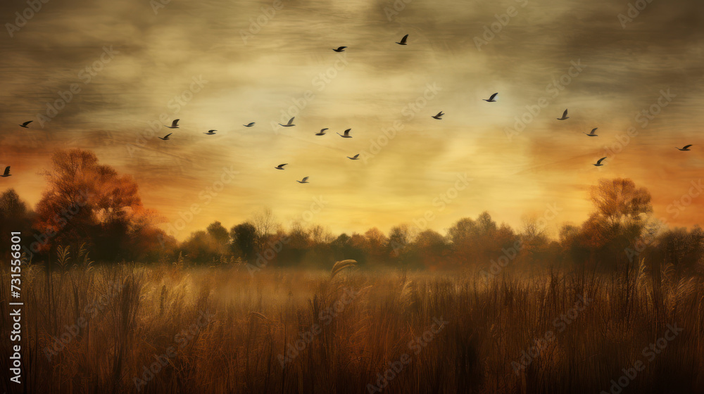 Warm lazy autumn afternoon walk landscape is changing birds flock to the seed from grasses harmony exist in Mother Nature feeling blessed. Generative AI - obrazy, fototapety, plakaty 