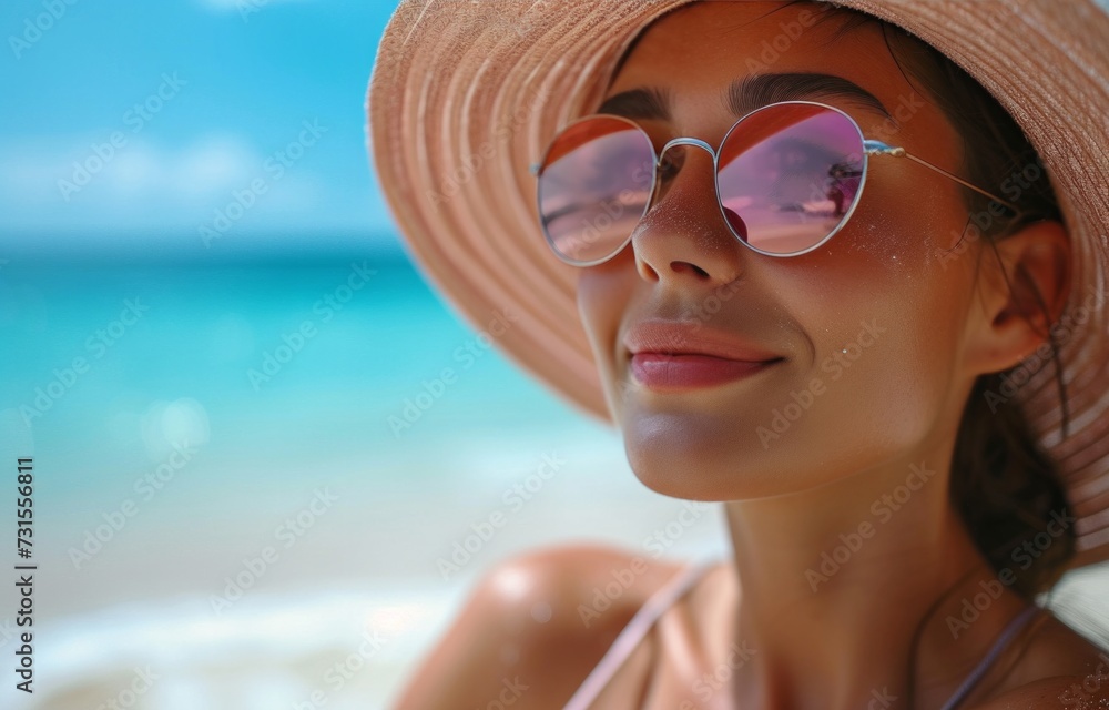 a woman with a hat and sun glasses is relaxing on beach a woman with a hat and sun glasses is relaxing on beach
