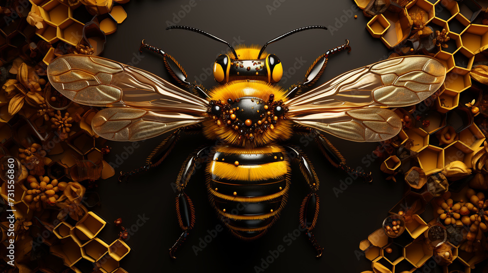 Gold honey bee and of lines, dots, circles and polygons decorated by honeycombs on black background. - obrazy, fototapety, plakaty 