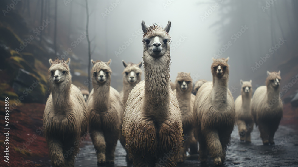 Obraz premium Herd of llamas on a road