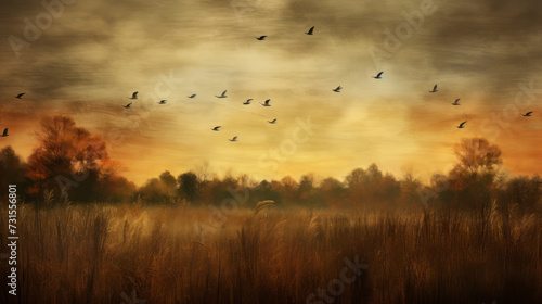 Warm lazy autumn afternoon walk landscape is changing birds flock to the seed from grasses harmony exist in Mother Nature feeling blessed. Generative AI