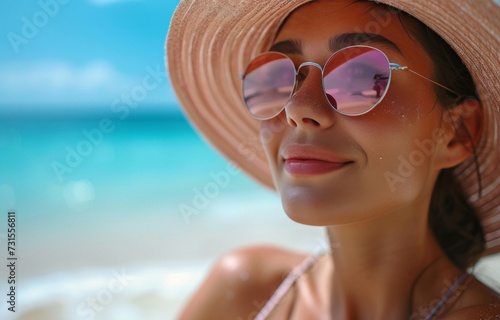 a woman with a hat and sun glasses is relaxing on beach