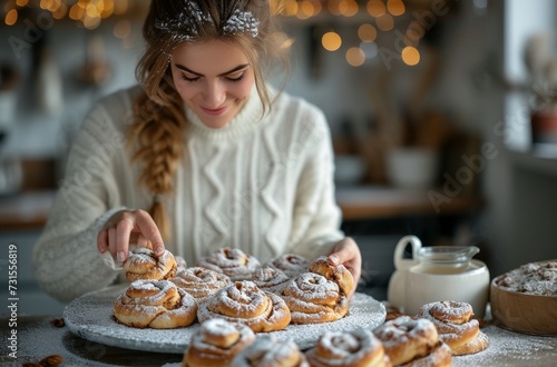 a woman holds cinnamon buns while preparing them in a kitchen