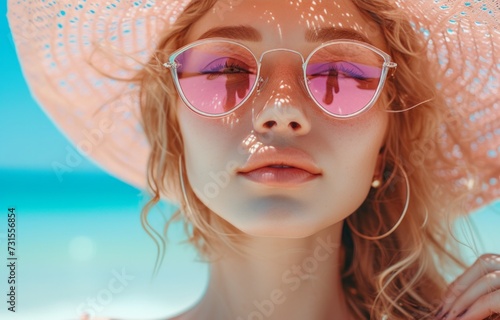 a woman with a hat and sun glasses is relaxing on beach