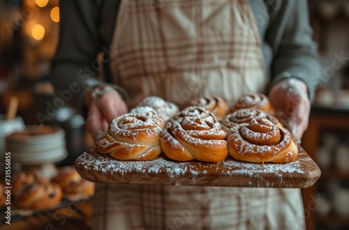a woman holds cinnamon buns while preparing them in a kitchen