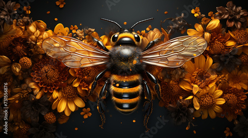 Gold honey bee and of lines, dots, circles and polygons decorated by honeycombs on black background.