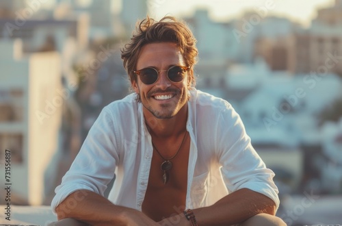 a smiling white man with sunglasses sitting on a ledge