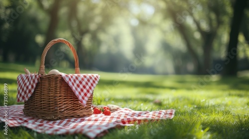a picnic basket on a gingham blanket