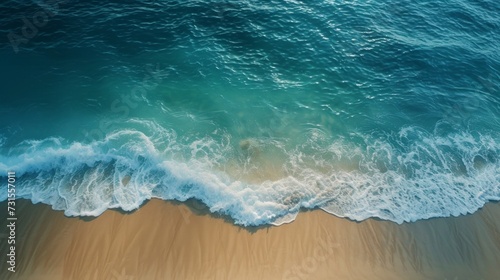 An aerial view of an empty beach, with the waves gently lapping at the shore