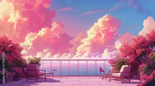 Illustration of a dreamy terrace with vibrant pink clouds
