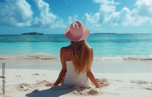 a woman is sitting on a beach sand and has a pink and white hat on