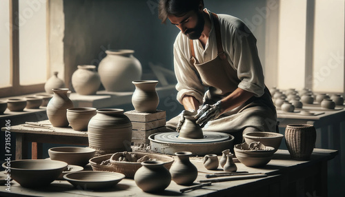 Artisans shaping clay on pottery wheels, the process of glazing and the final ceramic products photo