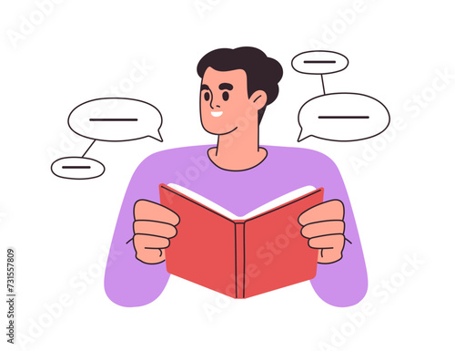 Student reading book, studying. Learner character learning grammar, academic literature, textbook in hands. Education, knowledge concept. Flat vector illustration isolated on white background