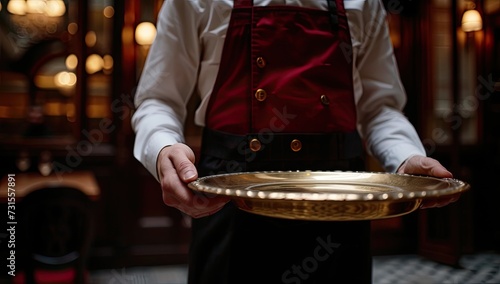 With poise and elegance, a waiter carries a tray, symbolizing the epitome of refined hospitality and impeccable service in a luxury hotel setting. photo
