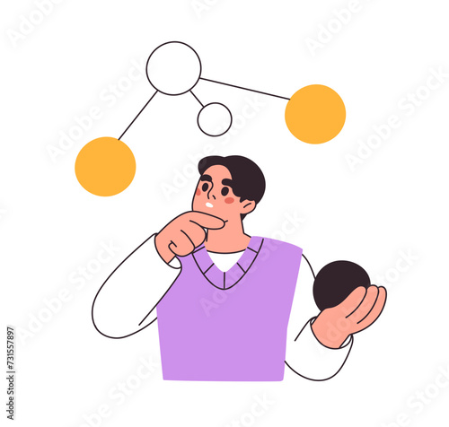 Student thinking, learning. Education, study process, analysis concept. Learner analyzing scheme, algorithm, data structure, information. Flat vector illustration isolated on white background
