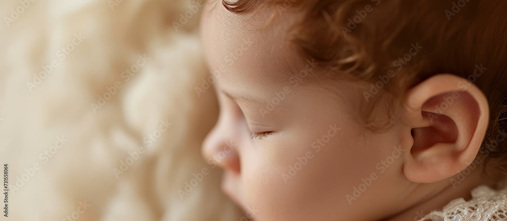 A heartwarming close-up of a content baby peacefully sleeping on a soft blanket, while their tiny nose, cheek, and eyelashes bring joy. A heartwarming close-up of a content baby peacefully sleeping on a soft blanket, while their tiny nose, cheek, and eyelashes bring joy.