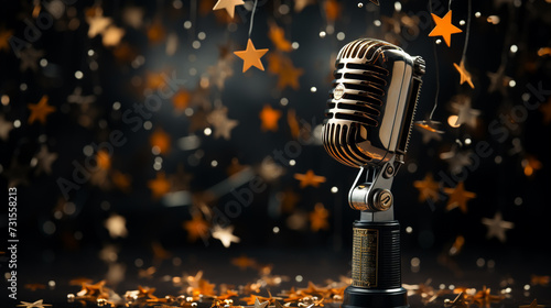 Close up of vintage microphone on stand in dark studio. Podcast old microphone with blurred light bulbs on black background. Concept of podcasting, event.