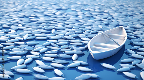 Opinion Leader, influencer concept. One boat leading small ships on background.3D rendering on background.