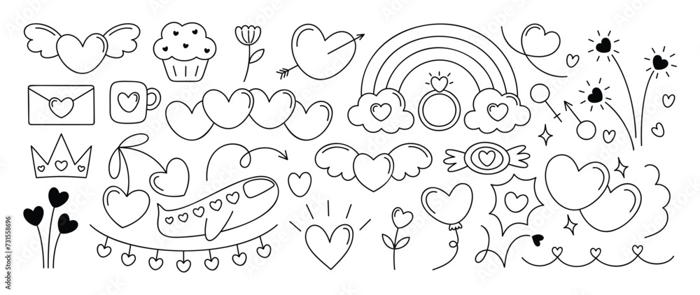 Set of valentine doodle element vector. Hand drawn doodle style collection of heart, airplane, cupcake, envelope, ring, rainbow, cherry. Design for print, cartoon, decoration, sticker, clipart. 