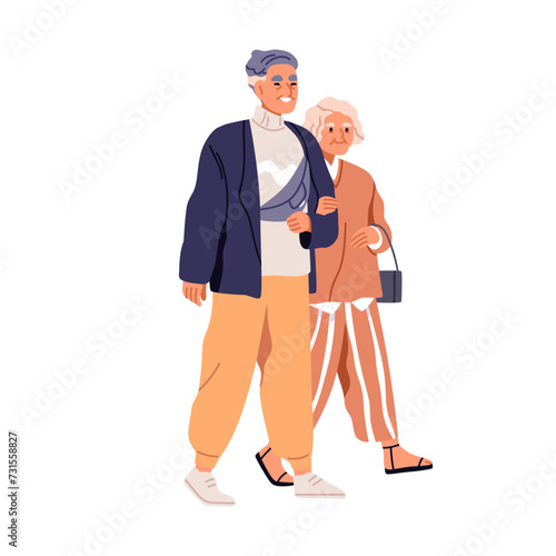 Happy senior couple walking. Elder aged man and woman, wife and husband strolling. Elderly old retired people, spouse in fashion apparel. Flat vector illustration isolated on white background