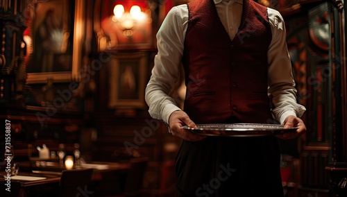 Against a backdrop of sophistication, a waiter presents impeccable service, exuding elegance and professionalism while carrying a tray of delectable delights in a luxury hotel environment. photo