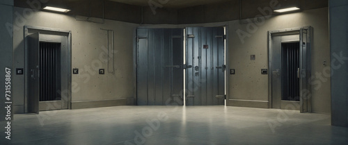 A concrete room or cell with Heavy steel doors. Doors opened. 