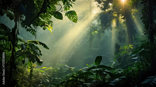 Tranquil Sunbeam in a Green Jungle Landscape. Generative AI