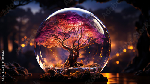 Earth Day Concept: cinematic shot of a biosphere in a bubble with vivid aura and an impressive tree of life inside floating in space. Generative AI