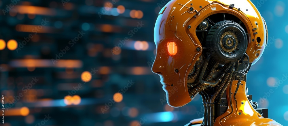 A fictional character robot wearing a helmet stands against an electric blue background, creating a fun and entertaining artistic event. A fictional character robot wearing a helmet stands against an electric blue background, creating a fun and entertaining artistic event.