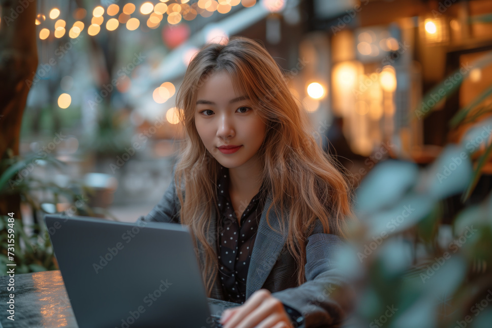 Fototapeta premium Asian confident hacker woman sitting at table using laptop computer