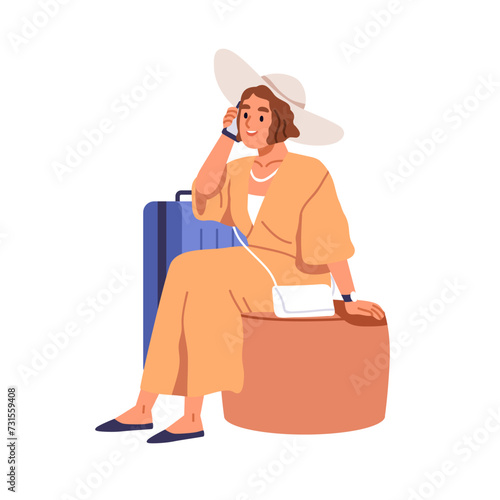 Tourist waiting with baggage, luggage for summer holiday, talking on phone. W...