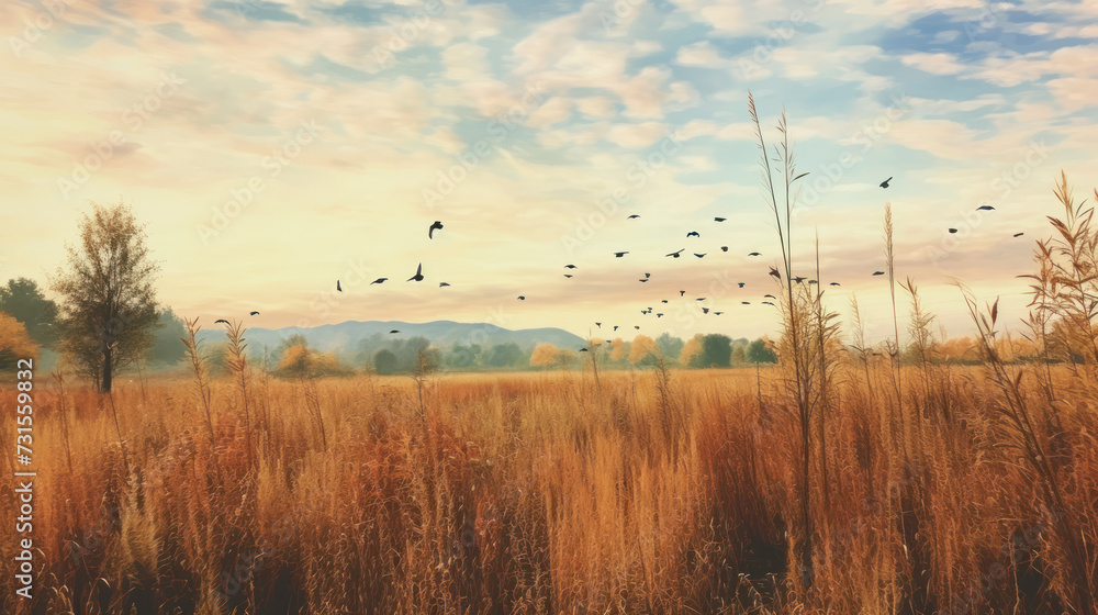 Warm lazy autumn afternoon walk landscape is changing birds flock to the seed from grasses harmony exist in Mother Nature feeling blessed. Generative AI Warm lazy autumn afternoon walk landscape is changing birds flock to the seed from grasses harmony exist in Mother Nature feeling blessed. Generative AI