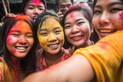 shot of a young thai woman taking a selfie with her friends during songkran