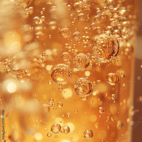 Effervescent soda bubbles dance in a glass