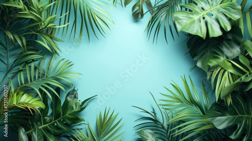 Tropical foliage arranged on clean surfaces  creating a refreshing and rejuvenating visual experience